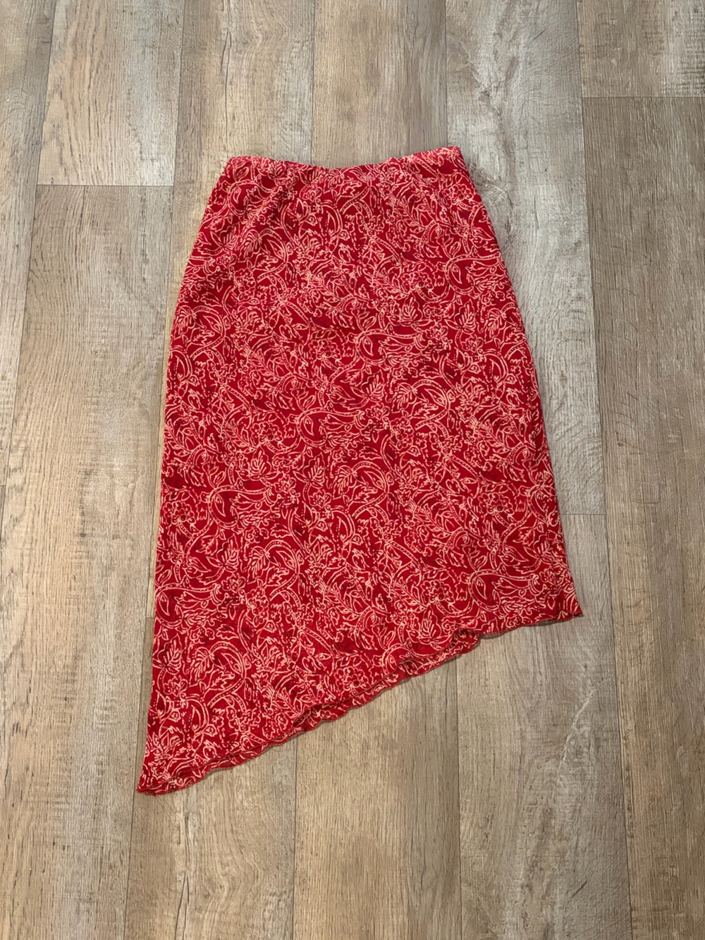 Women’s Vintage Red Floral Paisley Print Midi Skirt Asymmetrical Hem Size Small